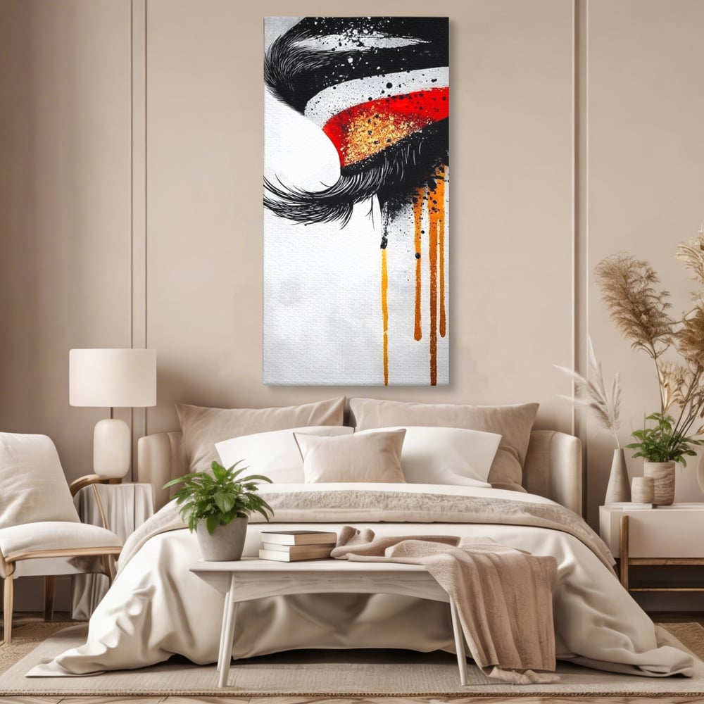 Tablou canvas cu tablou canvas cu ochi stilizat, fara rama, pe sasiu de lemn, pe perete intr-un dormitor